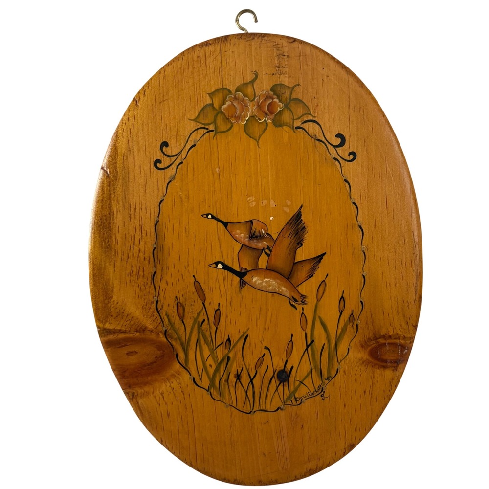 Vintage Hand Painted Wood Goose Wall Plaque Signed Christine 1989 Cabin Decor